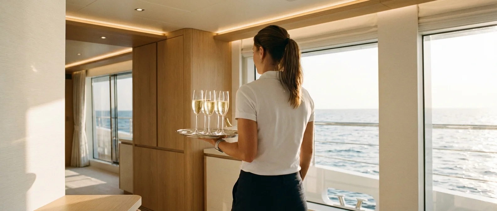 Stewardess responding to crew call button notification on OBEDIO smartwatch aboard superyacht