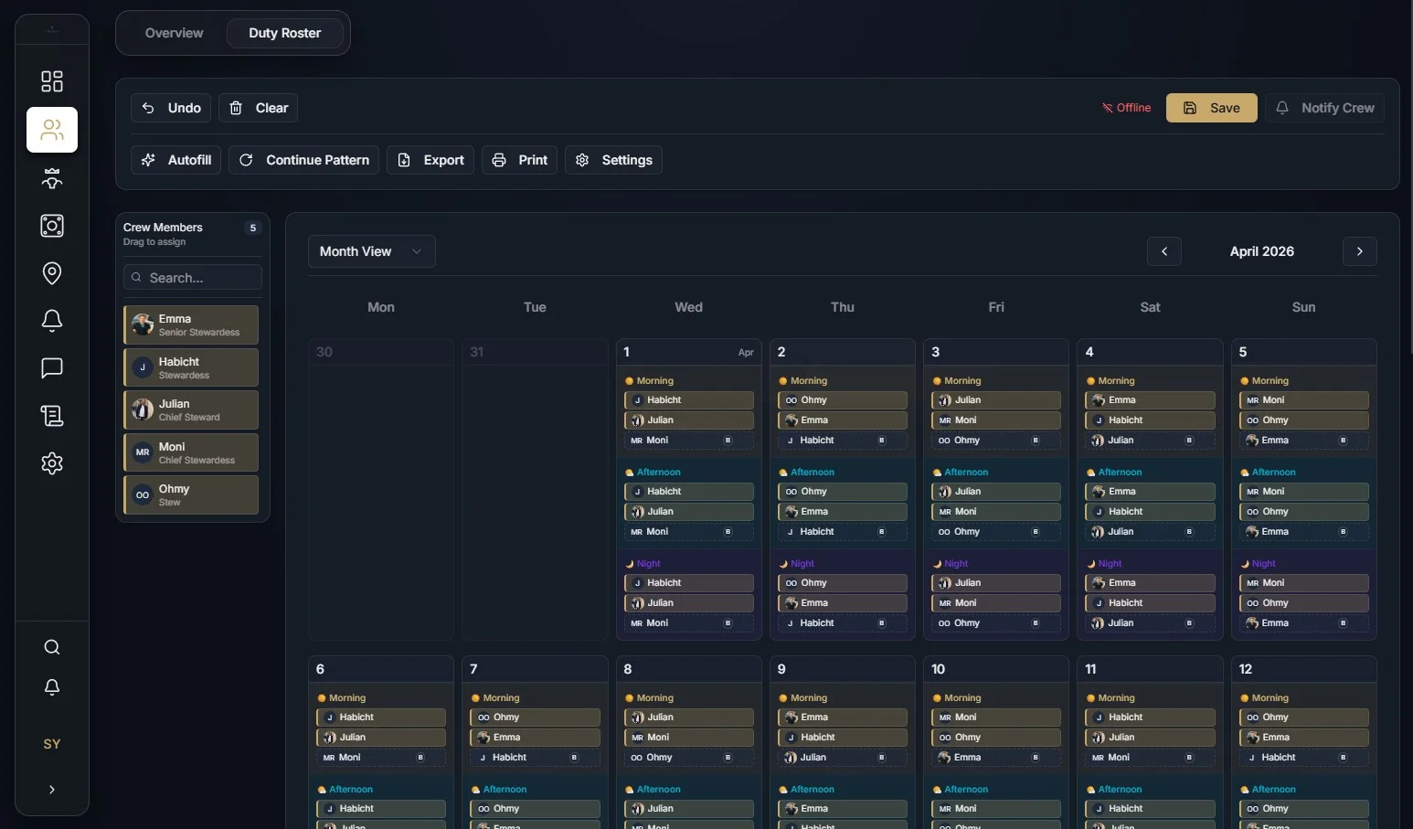OBEDIO Duty Roster - monthly calendar with shift scheduling